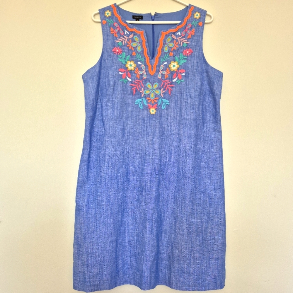 Talbots Women’s Blue Embroidered Linen Blend Shift Dress – Size 12 - Picture 2 of 6